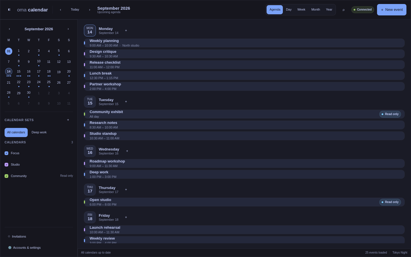 OmaCalendar scrolling agenda showing synthetic events