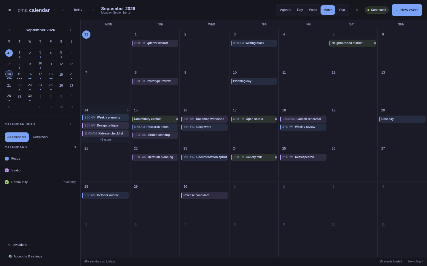 OmaCalendar month view showing synthetic events across three calendars