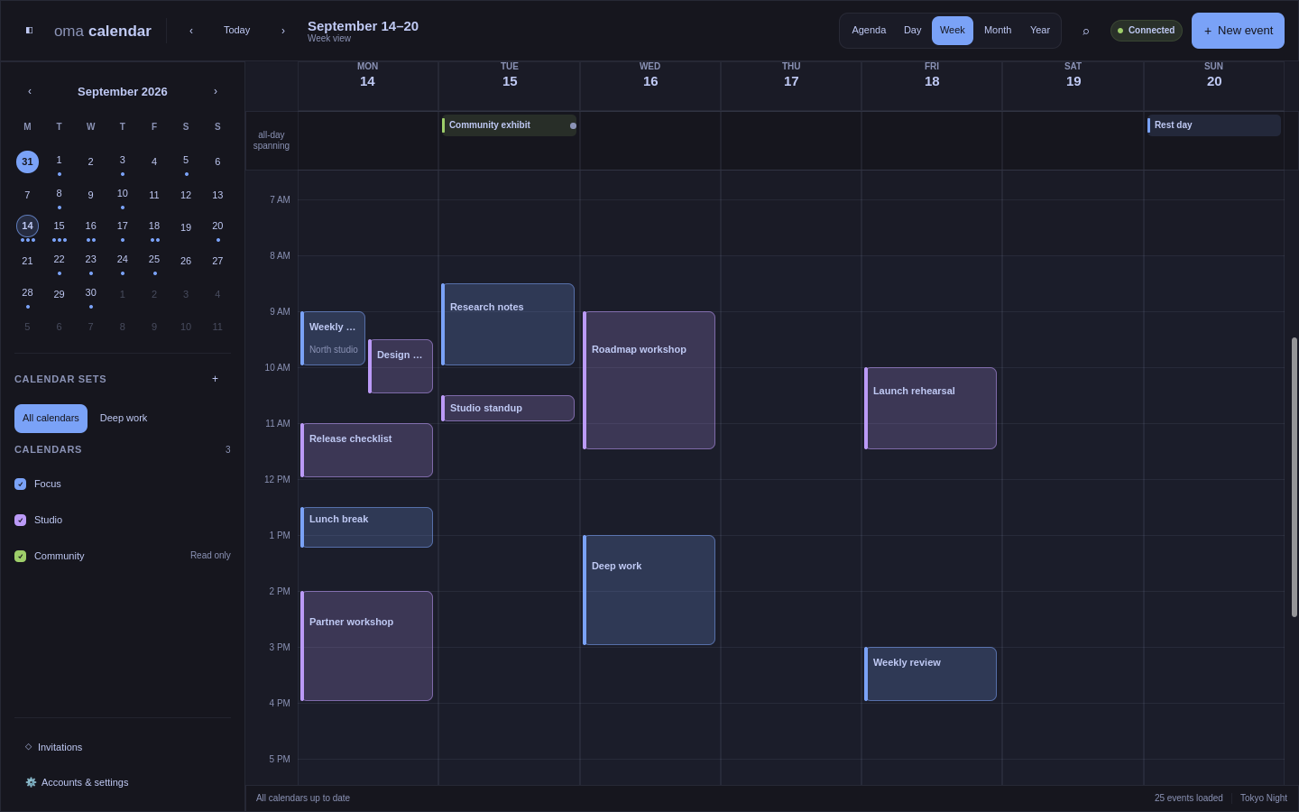 OmaCalendar week view showing overlapping synthetic events